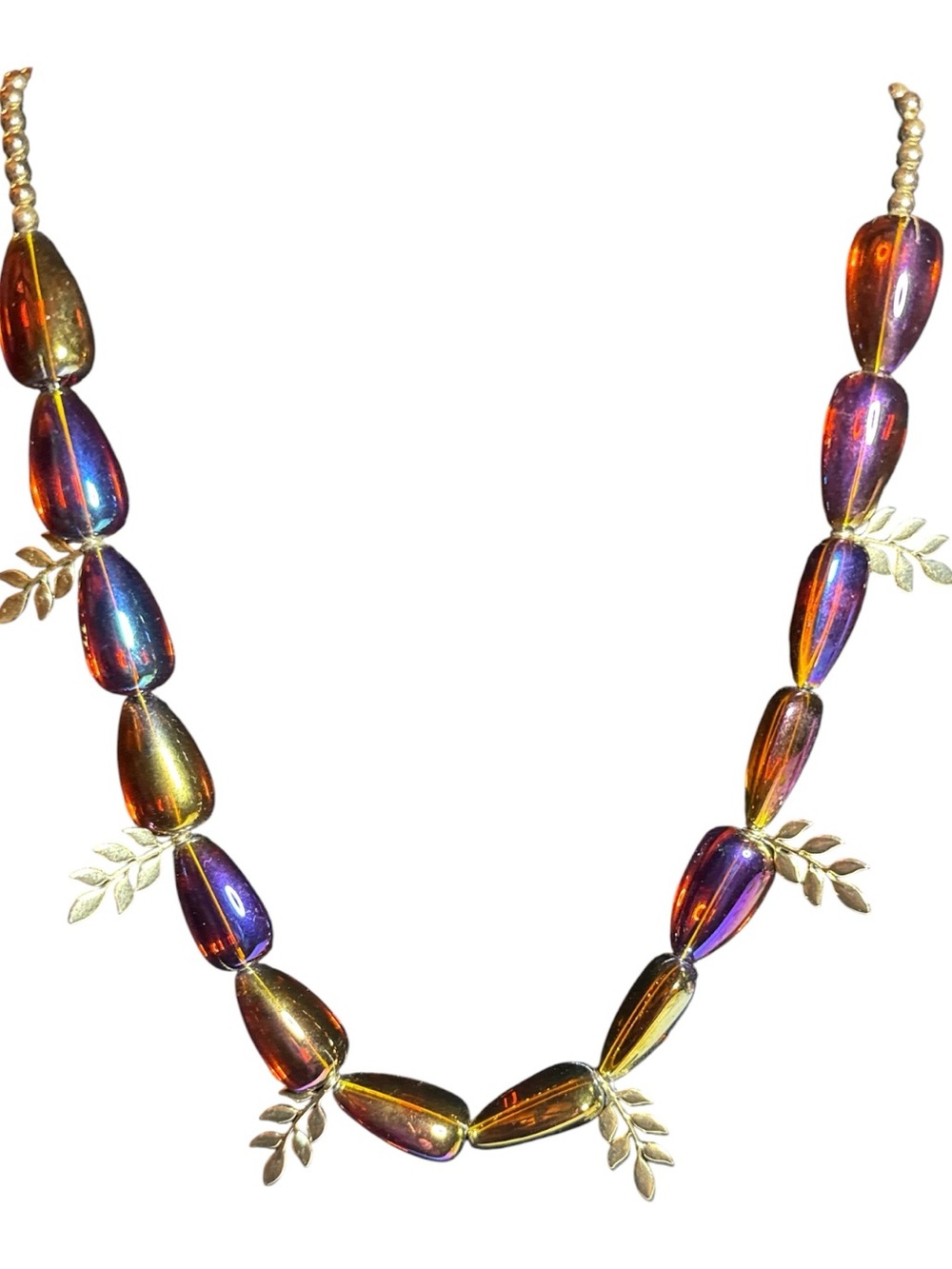 Artisan Czech Glass Style Iridescent Amber Purple Teardrop Gold Leaf Necklace